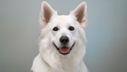 A close-up portrait of a smiling White Shepherd