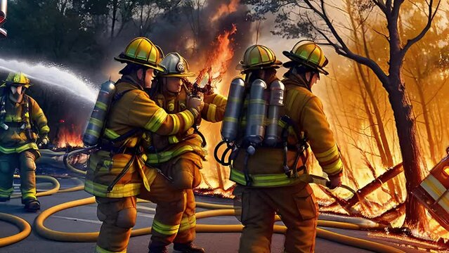 Group of firemans fights with forest fire flipbook aniamtion.High quality 4k footage
