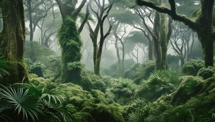 A foggy view of a tropical moist forest