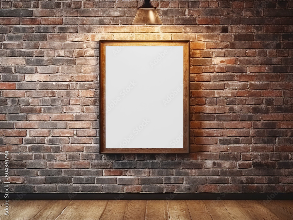 Poster empty picture frame on a brick wall background, light from above, mockup for design display. generat