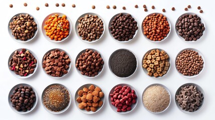 Produce a captivating aerial image of a diverse assortment of pet food products against a pure white backdrop Use a mix of traditional and digital styles to showcase the products i