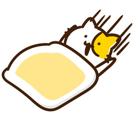 布団にすばやく入り込むかわいいねこのキャラクターのコミカルなイラスト