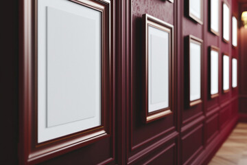 From an side, a gallery wall adorned with a series of frames against a backdrop of Royal Burgundy exhibit exhibit