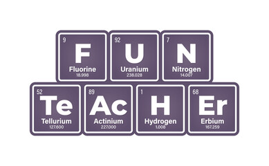 Vector text: FUN TEACHER composed of individual elements of the periodic table. Isolated on white background.