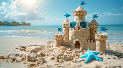 fairytale sand castle with sunglasses on the coastline - Powered by Adobe