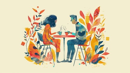 Man and woman dating in restaurant sitting at table with a drink getting to know eachother.
