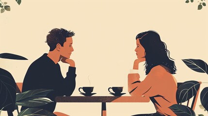 Man and woman having a drink in coffe shop at table graphic illustration