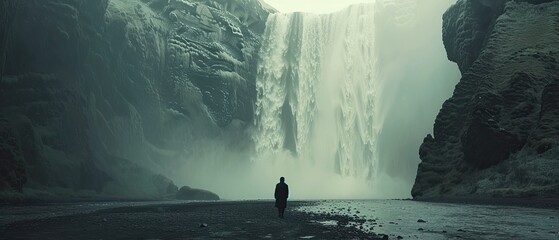 Man observing majestic waterfall in natural landscape
