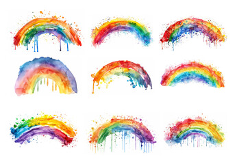 Watercolor rainbow set on white background with splashes. 