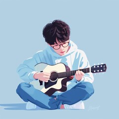 A boy with glasses is playing the guitar and singing