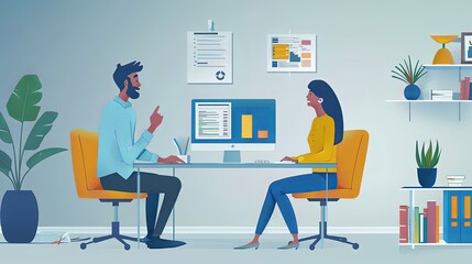 Two people at job in office man and woman working together sitting at desk looking at growth chart graph