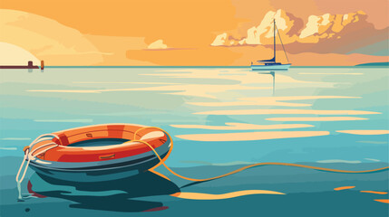 Boat with lifebuoy ring on coast Vector style vector - obrazy, fototapety, plakaty