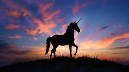Silhouette of a unicorn in a peaceful stance, sunset hues behind, creating a calm and magical atmosphere