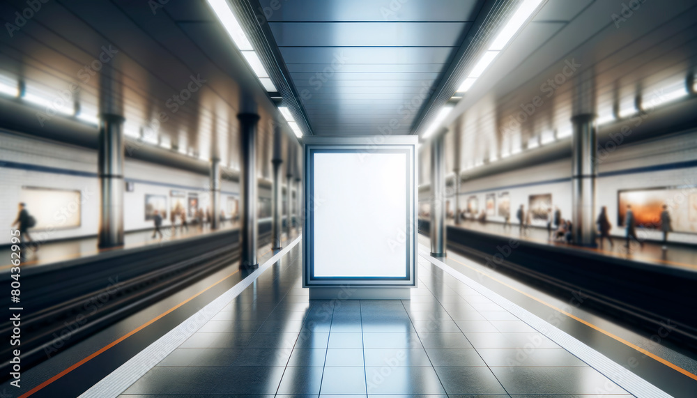 Poster a billboard mock up in a subway station with blurred people in the background, providing space for a