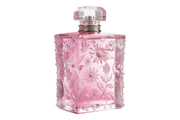 Pink perfume bottle engraved with daisy flowers isolated on transparent background