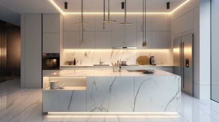 A sleek, ultra-modern kitchen interior with white marble countertops, stainless steel appliances, and minimalistic, hanging pendant lights casting a warm glow over an elegant, center island. 32k - obrazy, fototapety, plakaty