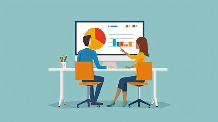 Graphic illustration of man and woman sitting at desk with computer graph looking at results on chart.