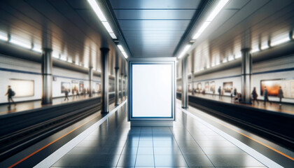 Obraz premium A billboard mock up in a subway station with blurred people in the background, providing space for advertising or branding. Generative AI