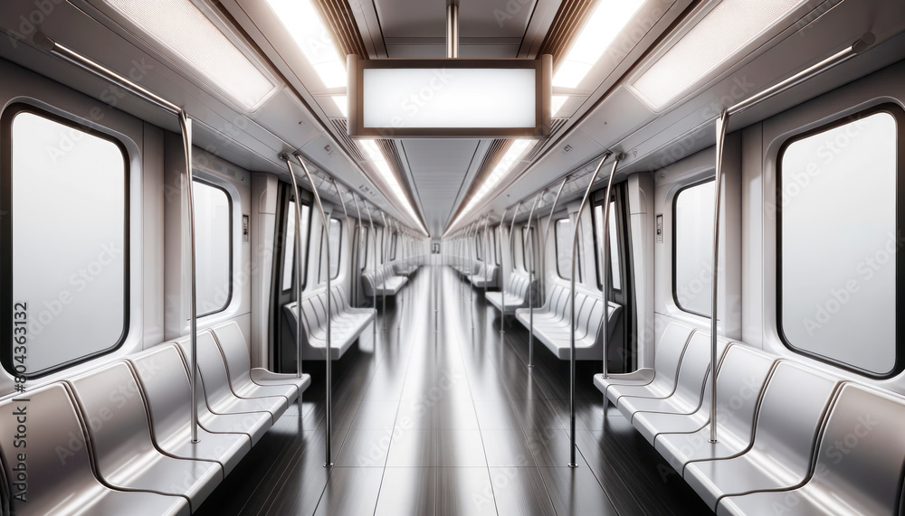 Poster an empty modern train interior with a blank advertising poster display in a clean design, on a light