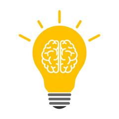 Vector illustration of yellow bulb with brain icon on transparent background
