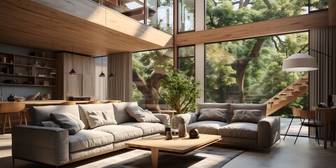 Interior of a modern living room with a large window overlooking the city