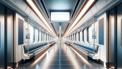 An empty modern subway train interior with a blank advertising panel on the ceiling, on a metallic and illuminated background, concept of public transport and advertising space. Generative AI