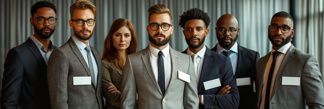 Confident business team in elegant attire standing together. Ideal for showcasing team unity and professionalism in corporate settings