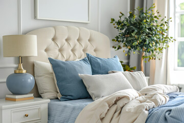 Plant, books and lamp standing on white and gray nightstands in bright and cozy bedroom interior with decorative pillows on bed with blue bedding. Real photo