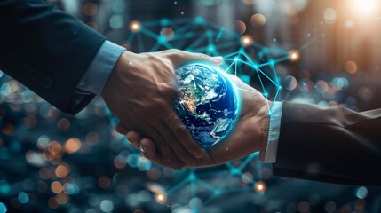 Businesspeople handshake over Earth planet hologram symbolizing worldwide fintech industry at international business. Tech interface. Elements of this image furnished by NASA