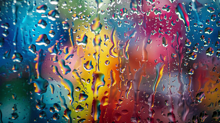 Colorful raindrops on window glass with blurred background