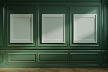 In an gallery, a trio of frames hangs against a wall colored in Knightsbridge Green, a deep, luxurious hue. Each frame's white center is vividly set against the green, fully visible from the side