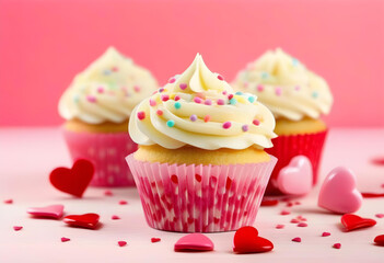 A close-up of a vanilla cupcake with heart-shaped sprinkles on a pink background