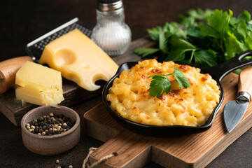 Mac and cheese, traditional american dish, selective focus