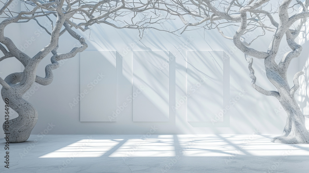Poster three blank poster frames in a room with artistic trees, white modern background, concept of gallery
