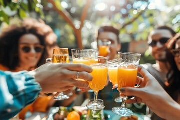 A vibrant stock photo featuring a group of diverse friends toasting with glasses of orange juice at a sunny outdoor brunch