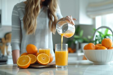 An isolated image of a woman in a bright kitchen, pouring orange juice into a clear glass, with a bowl of fresh oranges on the counter
