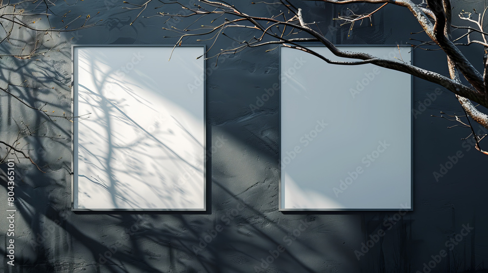 Poster Two empty frames on a textured wall with tree branch shadows, suitable for mockups, against a dark background, evoking a modern concept. Generative AI