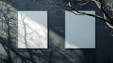 Two empty frames on a textured wall with tree branch shadows, suitable for mockups, against a dark background, evoking a modern concept. Generative AI