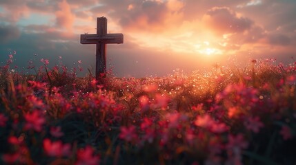 Ascension day concept. The cross on meadow autumn sunrise background. Genrative AI