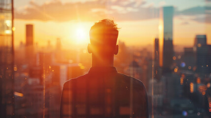 Young businessman viewing city skyline at sunset