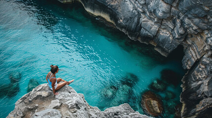 Woman meditating on rocky cliff above turquoise sea