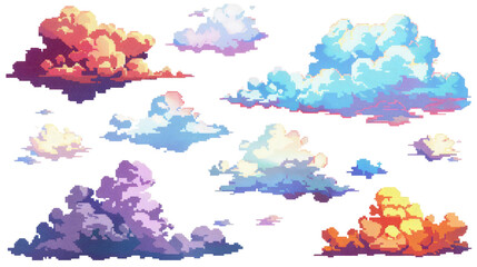 Set of clouds in pixel art style in isolated on transparent background