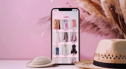A smartphone with the "online" app interface showing various women's items on display, against a pastel pink background.