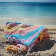 Ein buntes Strandtuch liegt im Sand