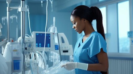 Black nurse in hospital monitors patient vitals, administers iv fluids for recovery