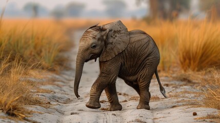 Baby African bush elephant (Loxodonta africana) stands browsing; Segera, Laikipia, Kenya Genrative...