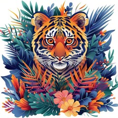 A tiger is surrounded by a lush green jungle with flowers and leaves