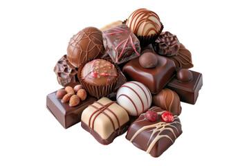 Chocolate candies pile in group isolated on transparent background