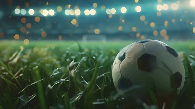 Close up of soccer ball on the green grass in an illuminated stadium sport, night time