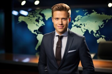 Portrait of a handsome young man in a suit looking at the camera and smiling while sitting against the background of a world map. Broadcasting concept, live broadcast, news